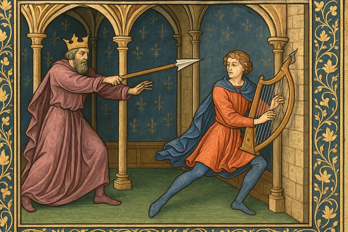 Saül essaie de tuer David avec sa lance